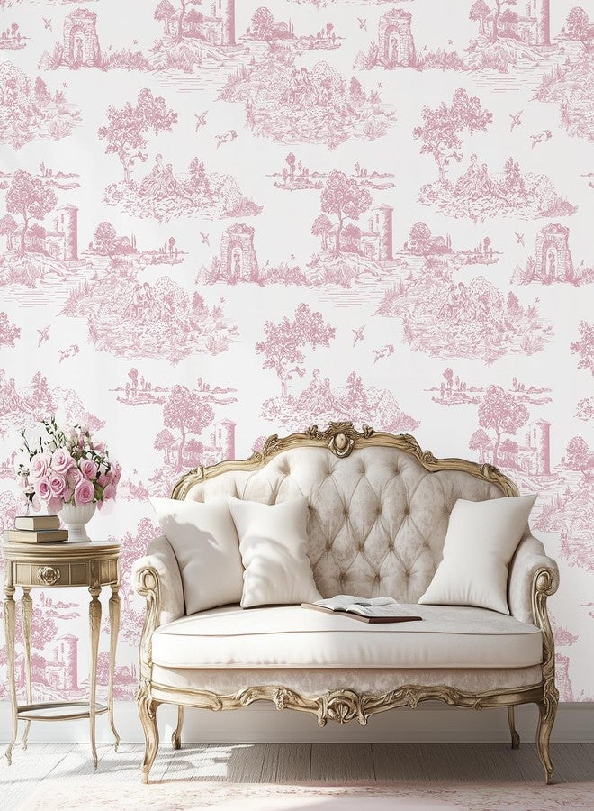 WENMER Pink Toile Peel & Stick Wallpaper for Bedroom, Self-Adhesive White and Pink Vintage French Country Wallpaper for Girls Room, Toile Contact Paper for Cabinet 17.7" X 118" - Image 2